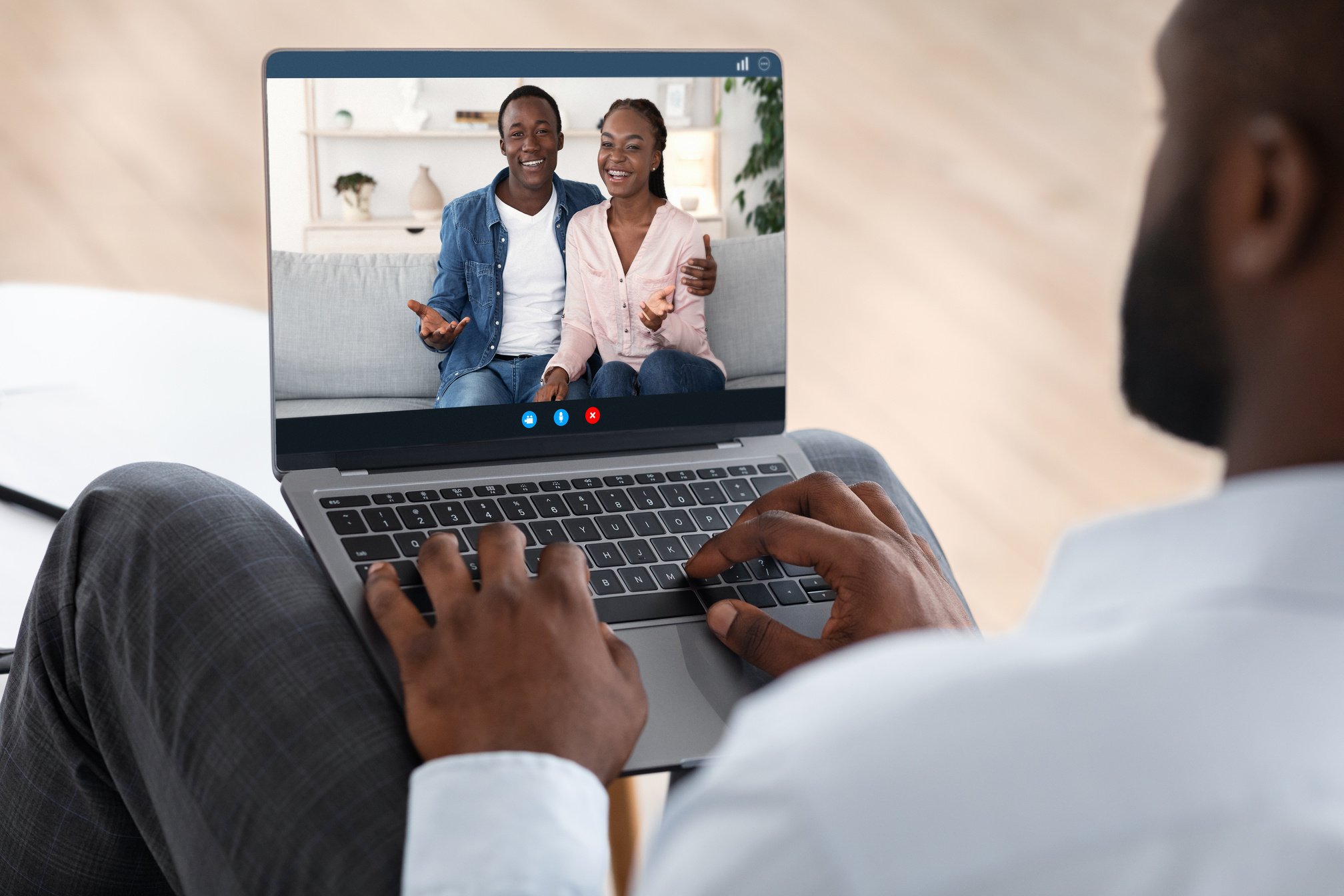 Marriage  Online. Counselor speaking with couple via video call on laptop